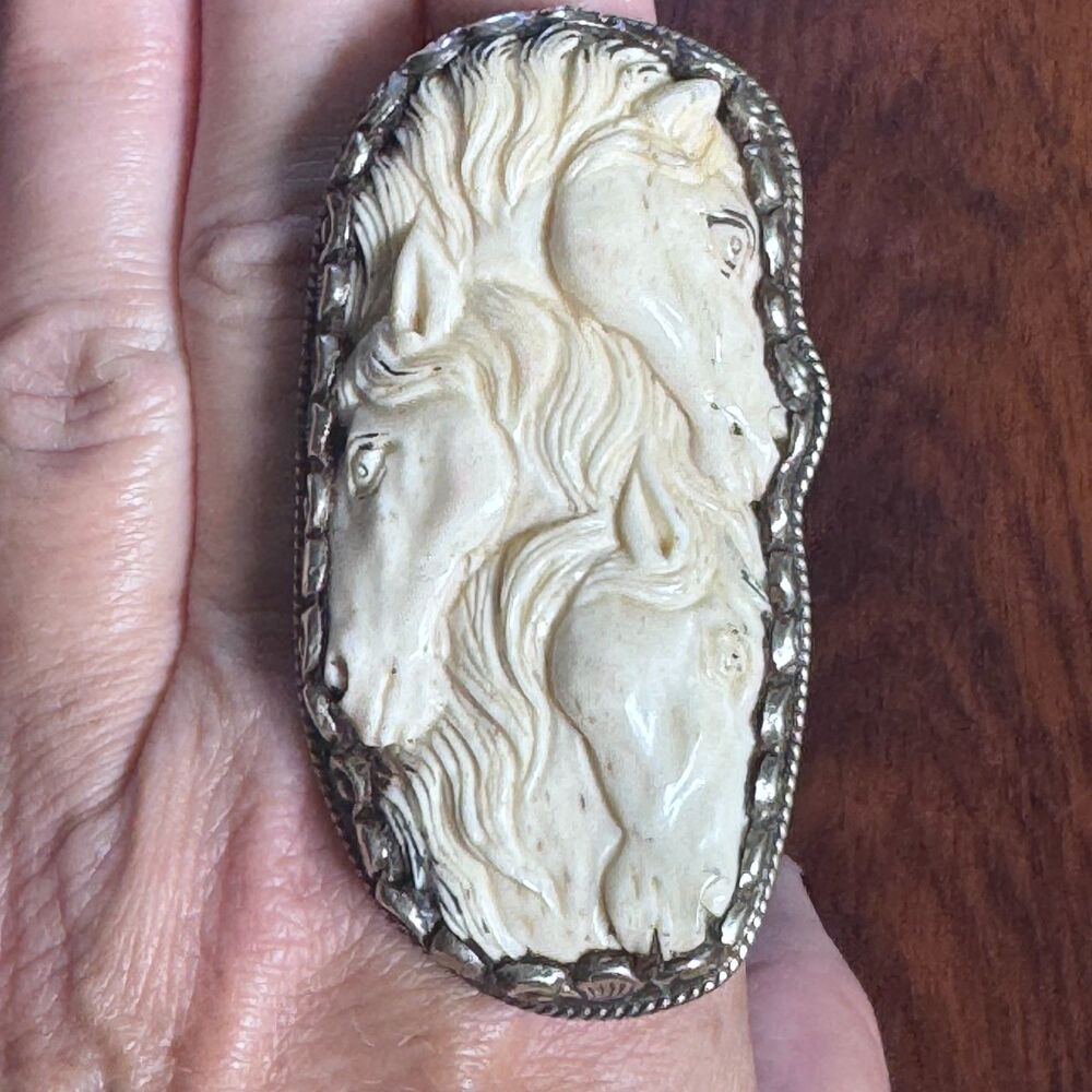 Hand Carved Buffalo Bone Horse Ring Tibetan Silver Statement RIng